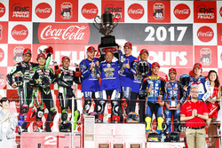 Podium: race winners Katsuyuki Nakasuga, Alex Lowes, Michael Van Der Mark, Yamaha Factory Racing Team