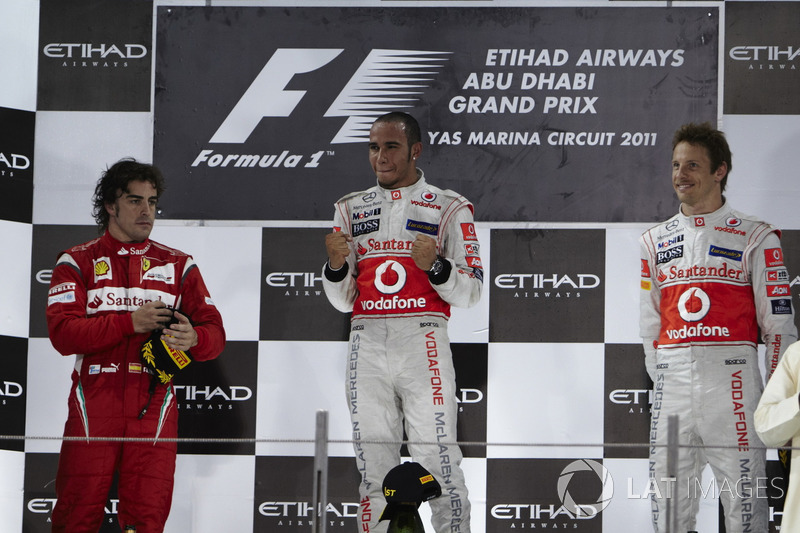 Podium: second place Fernando Alonso, Ferrari, Race winner Lewis Hamilton, McLaren, second place Jenson Button, McLaren