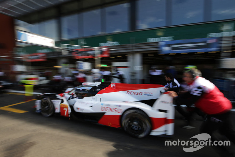 #7 Toyota Gazoo Racing Toyota TS050: Mike Conway, Kamui Kobayashi, Jose Maria Lopez, in the pitlane