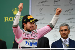 Sergio Perez, Force India celebrates on the podium