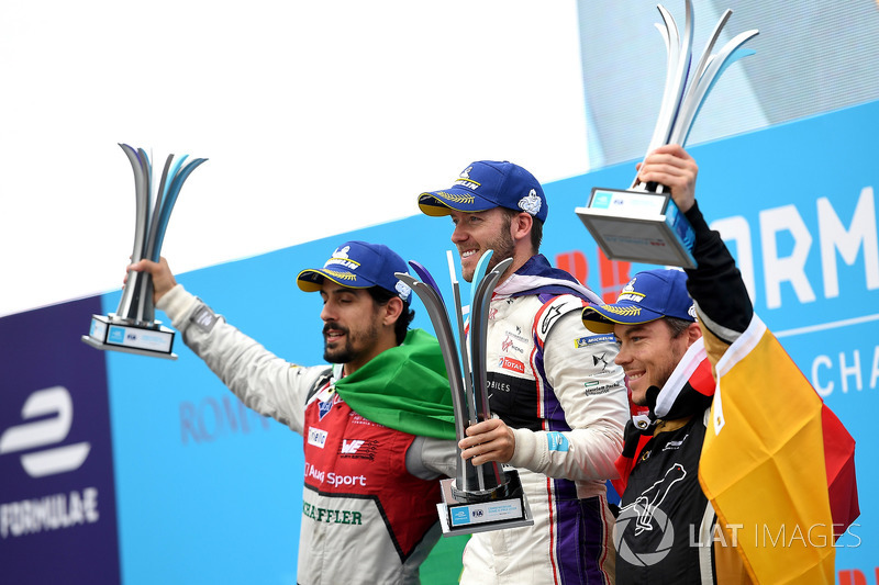 Sam Bird, DS Virgin Racing, vince l'ePrix di Roma con Lucas di Grassi, Audi Sport ABT Schaeffler, 2°, Andre Lotterer, Techeetah 3°