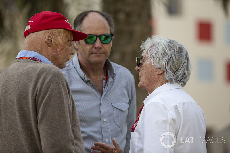 Niki Lauda, Mercedes AMG F1 Non-Executive Chairman, Gerhard Berger, and Bernie Ecclestone