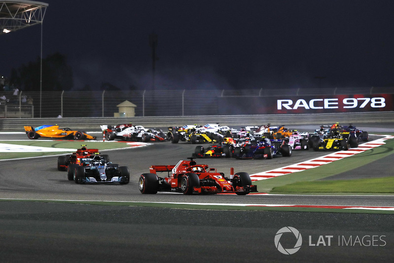 Sebastian Vettel, Ferrari SF-71H leads at the start of the race