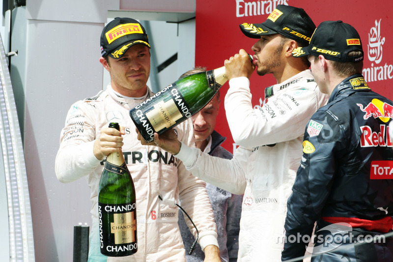 The podium (L to R): Nico Rosberg, Mercedes AMG F1, second; Lewis Hamilton, Mercedes AMG F1, race wi