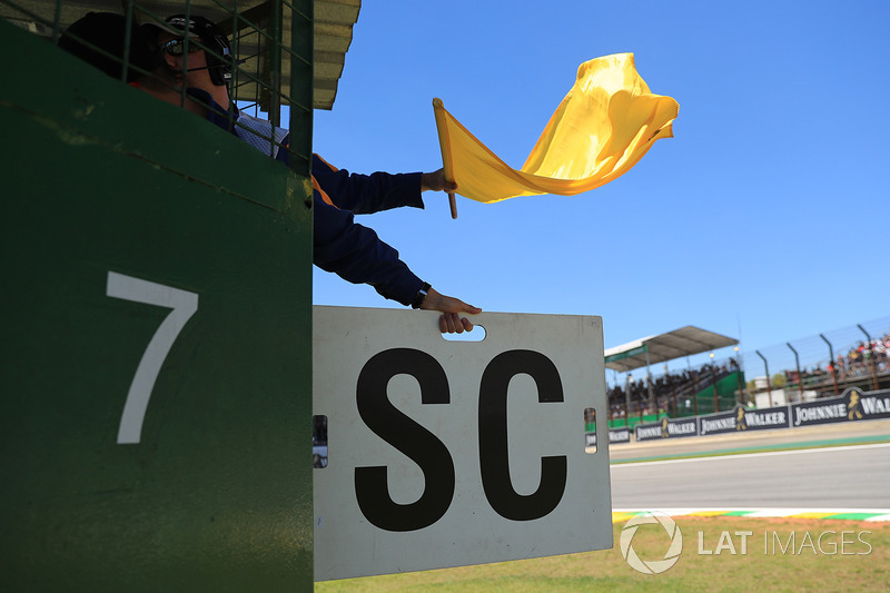 Marshal waves the Yellow flag Formula 1 照片
