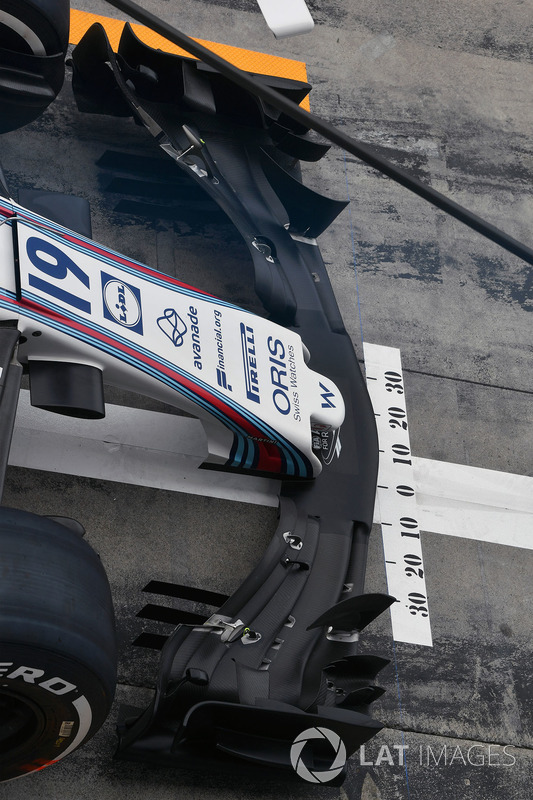 The nose and front wing aero detail of the Williams FW40
