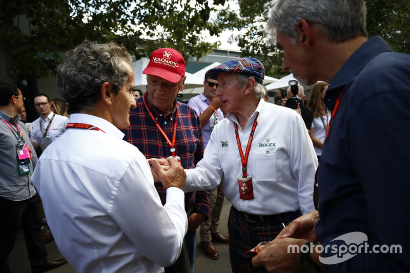 Alain Prost, Niki Lauda, Jackie Stewart und Damon Hill