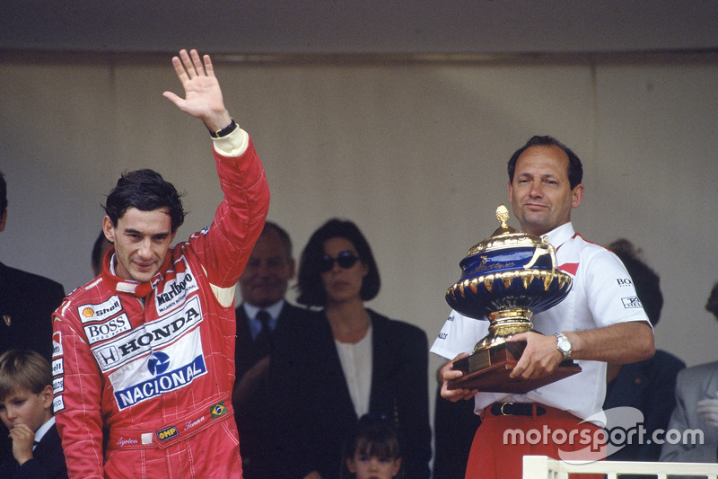 Ayrton Senna, McLaren Honda, 1st position with team boss Ron Dennis, podium