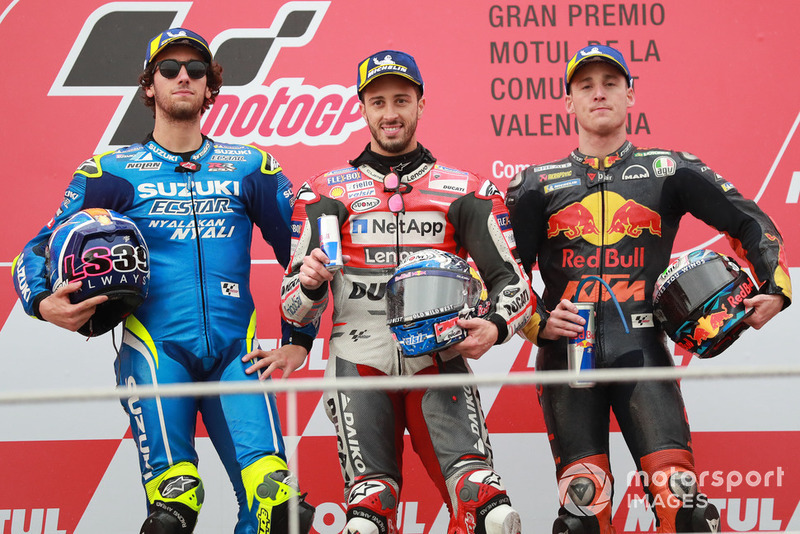 Podium: race winner Andrea Dovizioso, Ducati Team, second place Alex Rins, Team Suzuki MotoGP, third place Pol Espargaro, Red Bull KTM Factory Racing