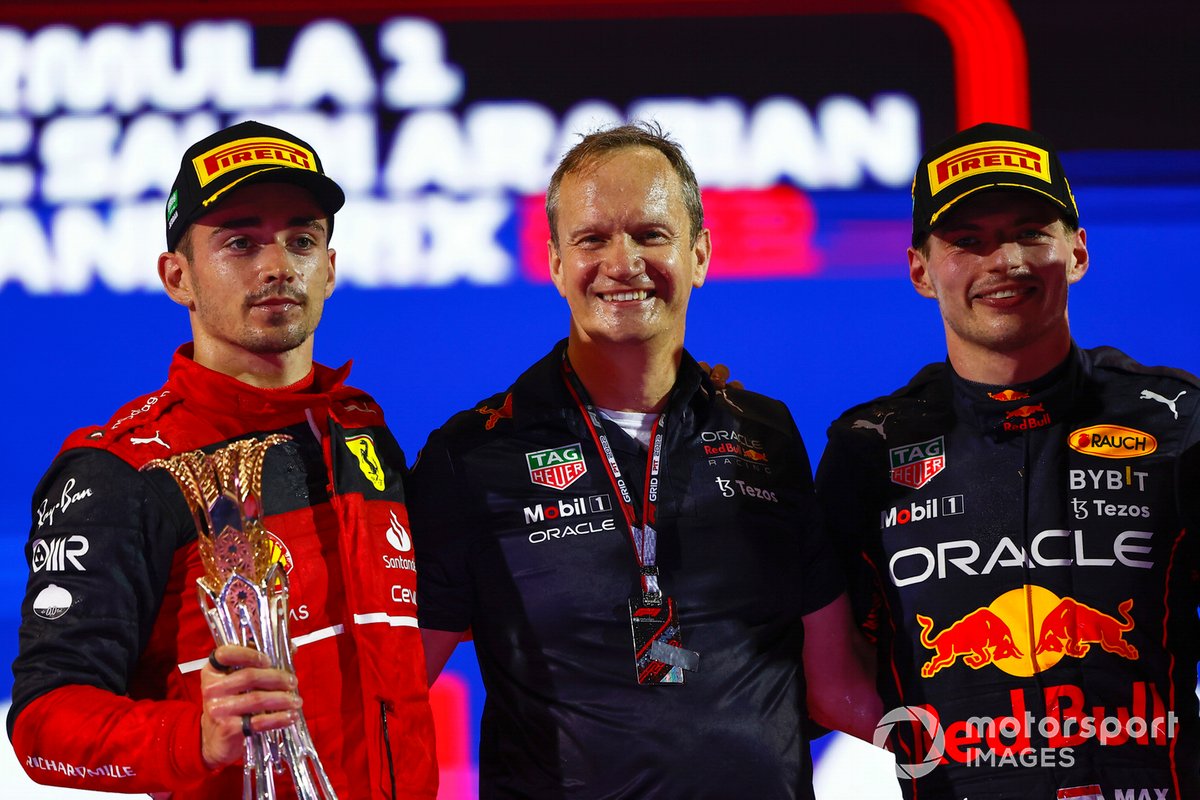 Charles Leclerc, Ferrari, 2nd position, Paul Monaghan, Chief Engineer, Red Bull Racing, Max Verstappen, Red Bull Racing, 1st position, on the podium