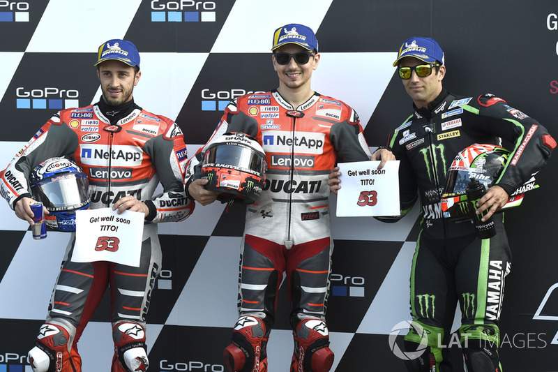 Polesitter Jorge Lorenzo, Ducati Team, second place Andrea Dovizioso, Ducati Team, third place Johann Zarco, Monster Yamaha Tech 3