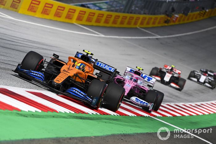 Lando Norris, McLaren MCL35, Lance Stroll, Racing Point RP20 