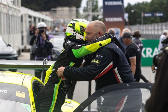 Race winner Thomas Preining, Manthey EMA get helped out of the car