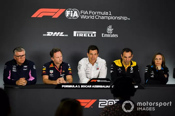Otmar Szafnauer, Racing Point, Christian Horner, Red Bull Racing, Toto Wolff, Mercedes AMG, Cyril Abiteboul, Renault F1 Team y Claire Williams, Williams Racing.