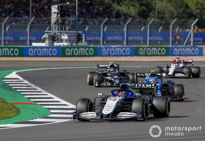 George Russell, Williams FW43B, Esteban Ocon, Alpine A521, and Pierre Gasly, AlphaTauri AT02