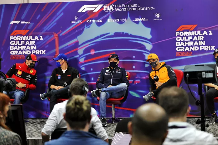 Charles Leclerc, Ferrari, Mick Schumacher, Haas F1 Team, Max Verstappen, Red Bull Racing, Lando Norris, McLaren, en la rueda de prensa