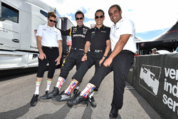 Will Power, Team Penske Chevrolet, Simon Pagenaud, Team Penske Chevrolet, Helio Castroneves, Team Penske Chevrolet, Juan Pablo Montoya, Team Penske Chevrolet showing their Justin Wilson tribute socks