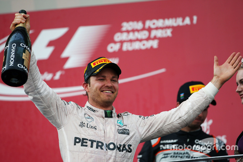 Race winner Nico Rosberg Mercedes AMG F1 celebrates on the podium