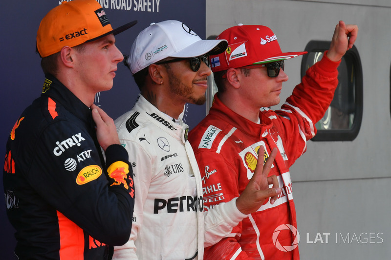 Max Verstappen, Red Bull Racing, pole sitter Lewis Hamilton, Mercedes AMG F1 and Kimi Raikkonen, Ferrari in parc ferme