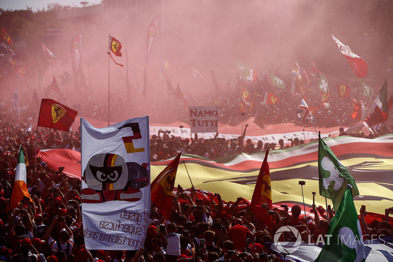 A huge crowd of Ferrari fans gather for the podium ceremony