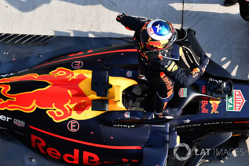 Race winner Daniel Ricciardo, Red Bull Racing RB14 celebrates in parc ferme