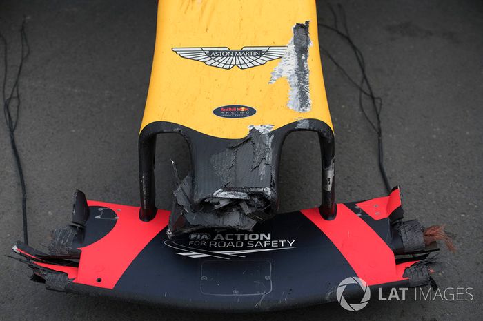 The damaged car of Max Verstappen, Red Bull Racing