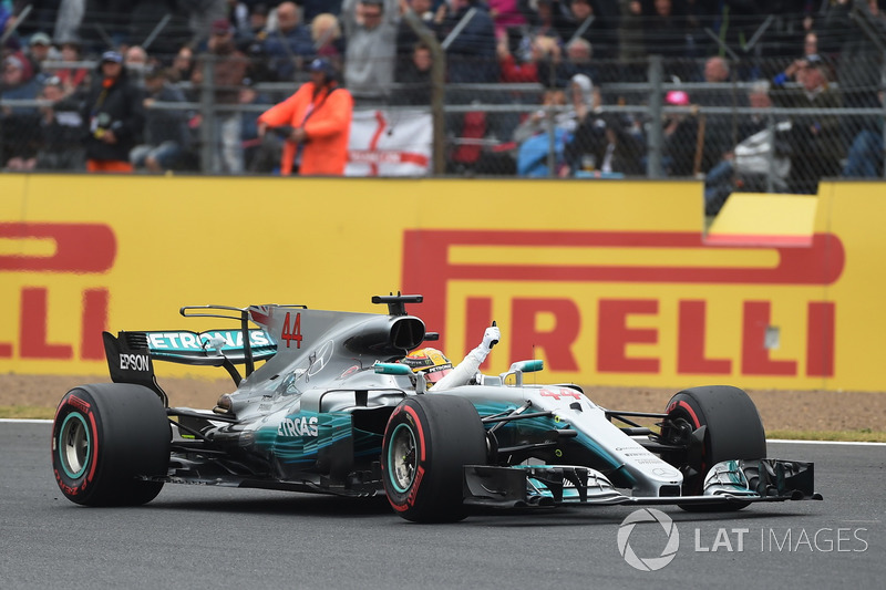 Pole sitter Lewis Hamilton, Mercedes-Benz F1 W08 celebrates