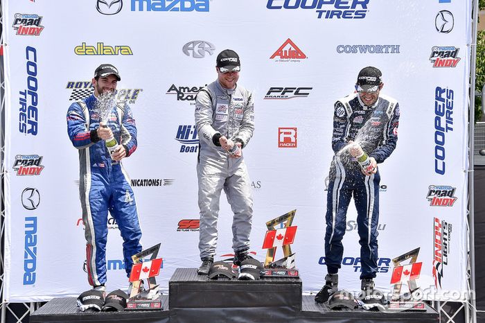 Podio: ganador de la carrera Felix Rosenqvist, Belardi Auto Racing, segundo lugar Felix Serralles, Carlin, tercer lugar Kyle Kaiser, Juncos Racing
