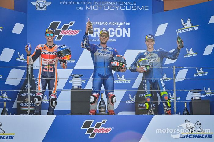 Podio: el ganador de la carrera Alex Rins, Team Suzuki MotoGP, segundo clasificado Alex Marquez, Repsol Honda Team, tercer clasificado Joan Mir, Team Suzuki MotoGP