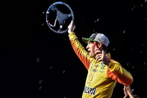 Joey Logano, Team Penske, Ford Fusion Shell Pennzoil, celebrates after winning the 2018 Nascar Monster Cup Series Championship.