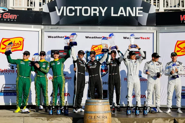 #912 Manthey 1St Phorm Porsche 911: Ryan Hardwick, Riccardo Pera, Richard Lietz, #120 Wright Motorsports Porsche 911: Adam Adelson, Callum Ilott, Tom Sargent, #068 Car Blanche Aston Martin Vantage GT3 Evo: Valentin Hasse Clot, Trenton Estep, Marius Fossar