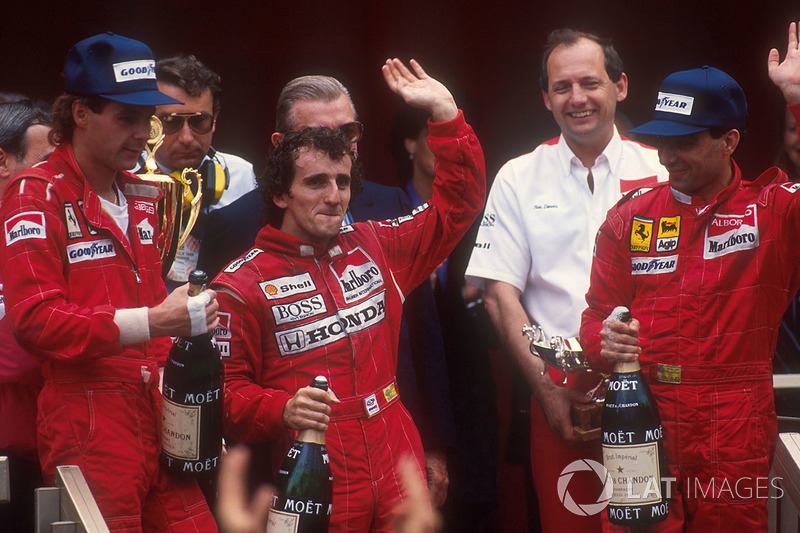 Podium : le vainqueur Alain Prost, McLaren Honda, le second Gerhard Berger, Ferrari, le troisième Michele Alboreto, Ferrari