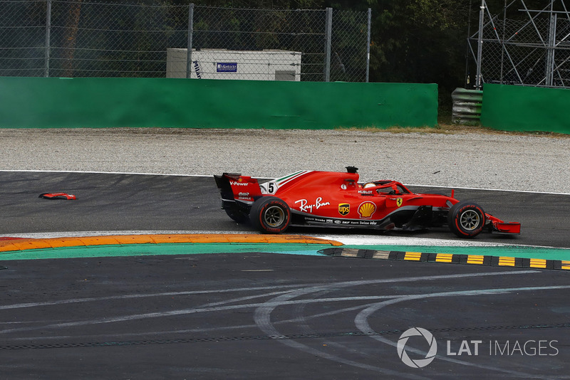 Sebastian Vettel, Ferrari SF71H, trompea con daños en la primera vuelta del GP de Italia 2018