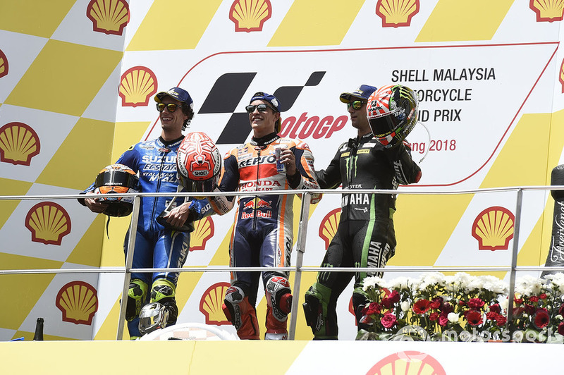 Podio: ganador de la carrera Marc Marquez, Repsol Honda Team, segundo clasificado Alex Rins, Team Suzuki MotoGP, tercer clasificado Johann Zarco, Monster Yamaha Tech 3
