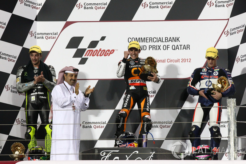 Le podium du GP du Qatar 2012 de Moto2 : Marc Márquez, Andrea Iannone, Pol Espargaró