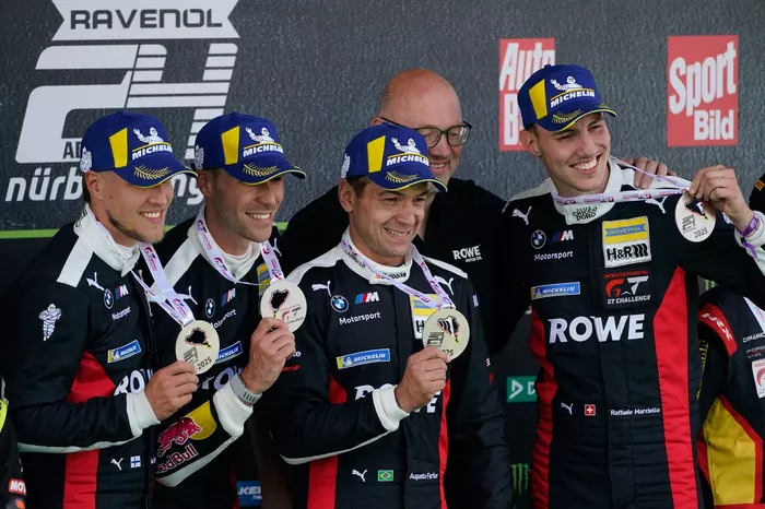 Podium: Race winner #98 Rowe Racing BMW M4 GT3 EVO: Augusto Farfus, Jesse Krohn, Raffaele Marciello, Kelvin van der Linde