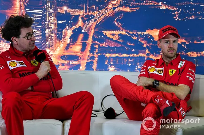 Mattia Binotto, Team Principal Ferrari, and Sebastien Vettel, Ferrari 