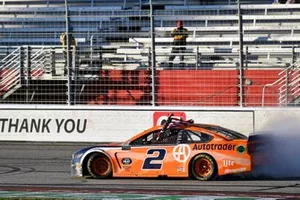 Brad Keselowski, Team Penske, Ford Mustang celebrates his win