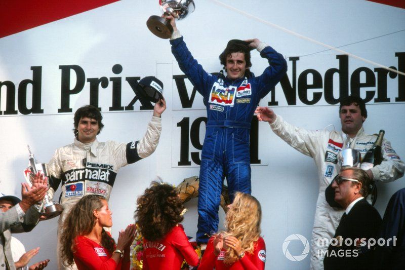 Podio: Ganador de la carrera Alain Prost, Renault, segundo lugar Nelson Piquet, Brabham, tercer lugar Alan Jones, Williams