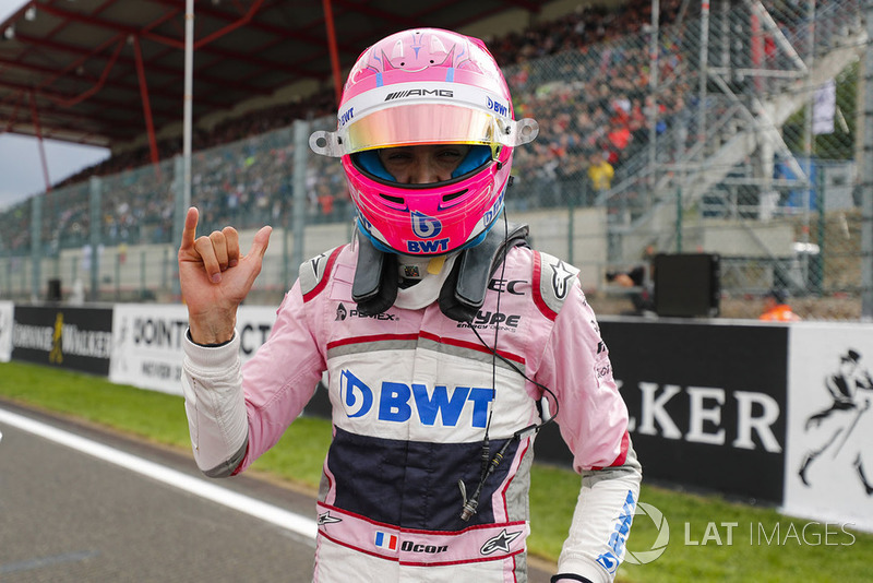 Esteban Ocon, Racing Point Force India, celebrates qualifying in third place