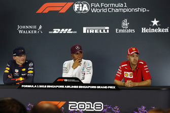 Max Verstappen, Red Bull Racing, Lewis Hamilton, Mercedes AMG F1 and Sebastian Vettel, Ferrari in the Press Conference