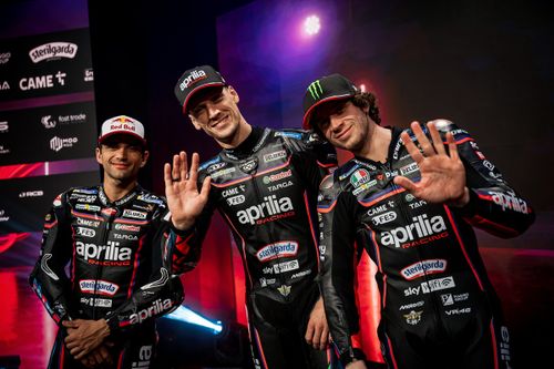 Jorge Martín, Aprilia Racing. Lorenzo Savadori, Aprilia Racing, Marco Bezzecchi, Aprilia Racing.