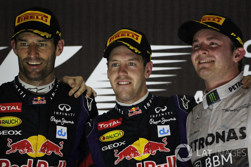 Podium: tweede Mark Webber, Red Bull Racing, winnaar Sebastian Vettel, Red Bull Racing, derde Nico R