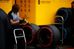 A Pirelli engineer works on some Super Soft tyres