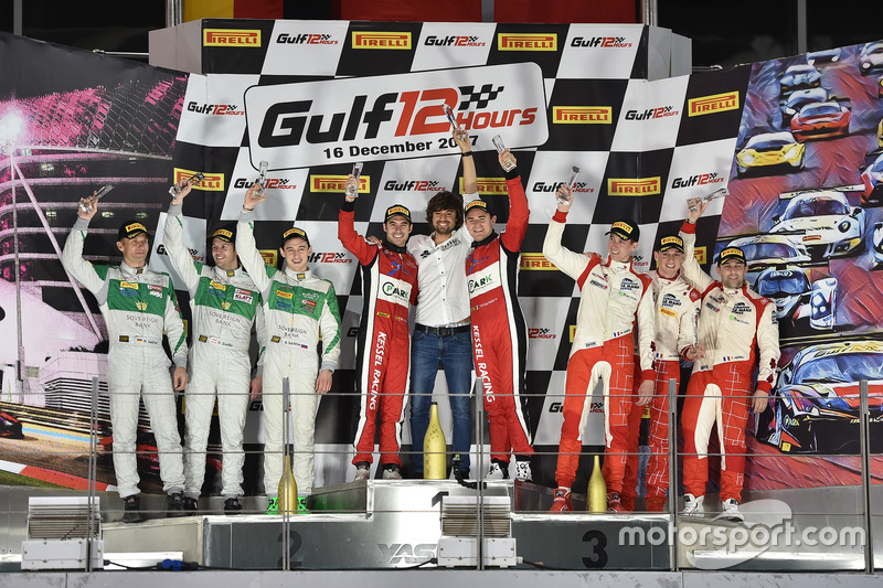 Overall podium: winners Davide Rigon, Miguel Molina, Michal Bromiszewski, Kessel Racing, second place Rinat Salikhov, Marco Seefried, Norbert Siedler, Rinaldi Racing, third place Matthieu Lahaye, Jean-Baptiste Lahaye, François Hériau, Ultimate Team