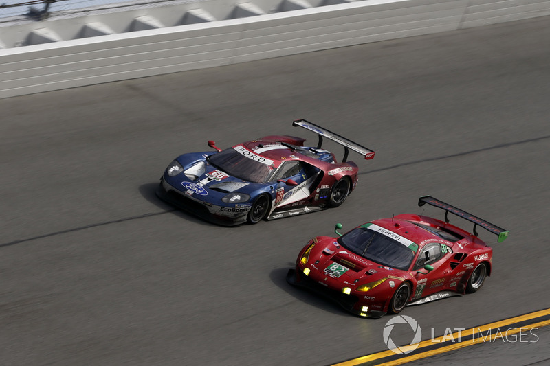 #66 Ford Performance Chip Ganassi Racing Ford GT: Joey Hand, Dirk Müller, Sebastien Bourdais, #62 Risi Competizione Ferrari 488 GTE: Toni Vilander. Alessandro Pier Guidi, James Calado, Davide Rigon