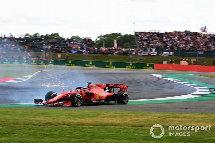 Sebastian Vettel, Ferrari SF90 after running into the back of Max Verstappen, Red Bull Racing RB15 