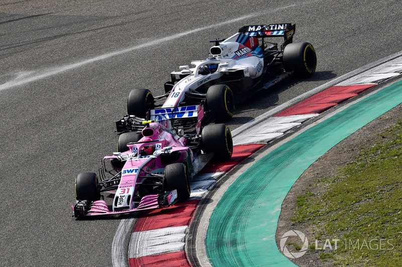 Esteban Ocon, Force India VJM11 and Sergio Perez, Force India VJM11