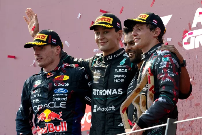 George Russell, Mercedes; Kimi Antonelli, Mercedes; Max Verstappen, Red Bull