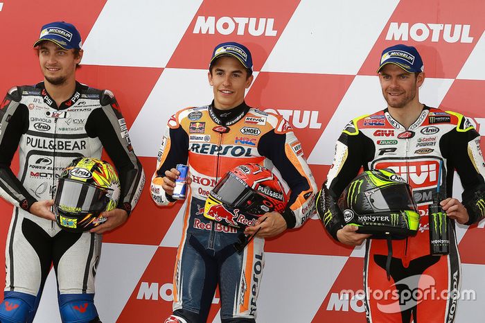 Calificación: segundo puesto Karel Abraham, Aspar Racing Team, ganador de la pole Marc Márquez, Repsol Honda Team y tercer puesto Cal Crutchlow, Team LCR Honda